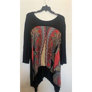 Studio EY Black Red Paisley Tunic Top Round Neck 3/4 Sleeve Women’s 3XL